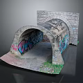 Abandoned Arch Tunnel And Brick Wall Outdoor Scene With Colorful Graffiti And Mossy Ground