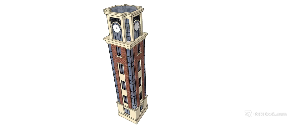 Tall Red Brick Clock Tower Featuring Beige Accents And Multiple Windows 3d model 