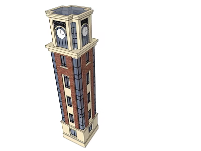Tall Red Brick Clock Tower Featuring Beige Accents And Multiple Windows 3d model