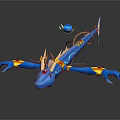 Blue Fantasy Game Movie Character With Large Claws Yellow Red Accents and Floating Blue Orb