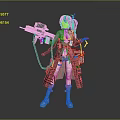 Futuristic Sci Fi Character With Purple Hair Holding Advanced Weapon And Tech Gear