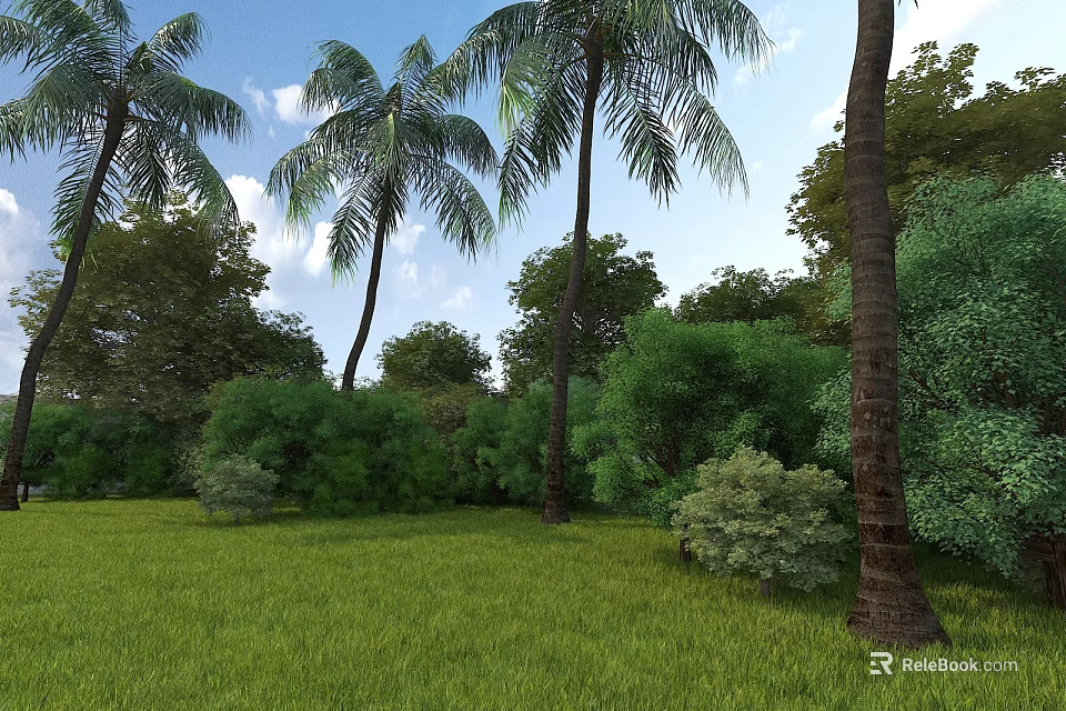 Lush Garden Landscape With Palm Trees Green Lawn Bushes Blue Sky And White Clouds 3d model 