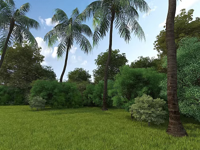 Lush Garden Landscape With Palm Trees Green Lawn Bushes Blue Sky And White Clouds 3d model