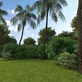 Lush Garden Landscape With Palm Trees Green Lawn Bushes Blue Sky And White Clouds