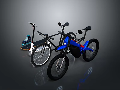 Blue Bicycle With Black Scooter And Sports Sneakers On Gray Background 3d model