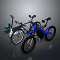 Blue Bicycle With Black Scooter And Sports Sneakers On Gray Background