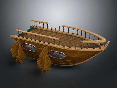 Wooden Boat Hull With Decorative Railing And Round Red Green Window Details 3d model