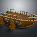 Wooden Boat Hull With Decorative Railing And Round Red Green Window Details