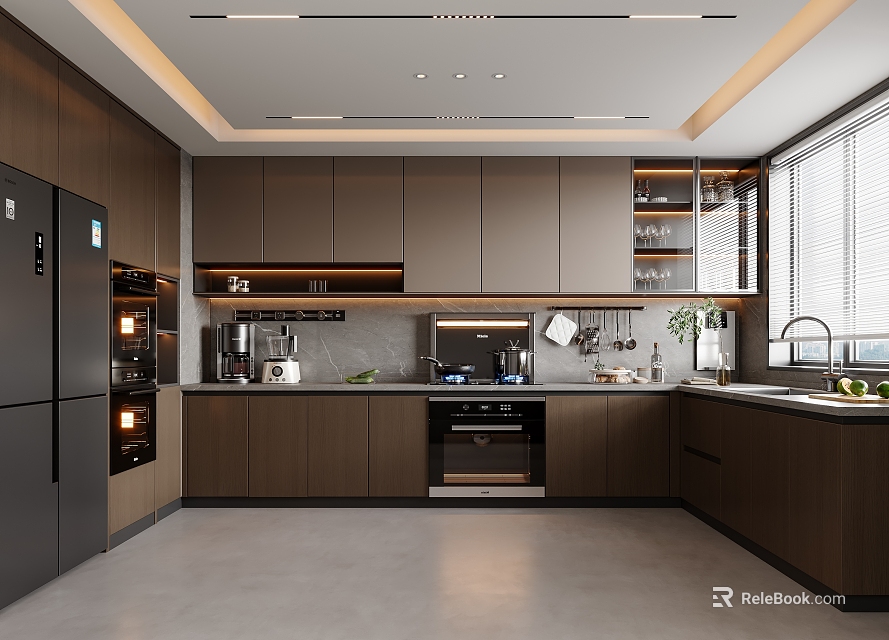 Modern Kitchen Interior Design With Dark Cabinets Black Refrigerator Window And Appliances 3d model 