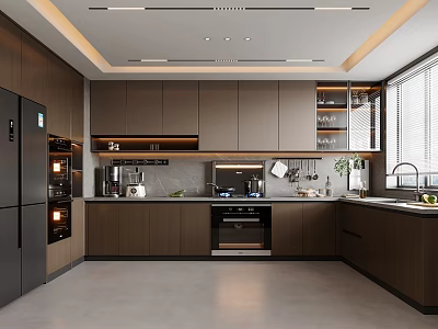 Modern Kitchen Interior Design With Dark Cabinets Black Refrigerator Window And Appliances 3d model