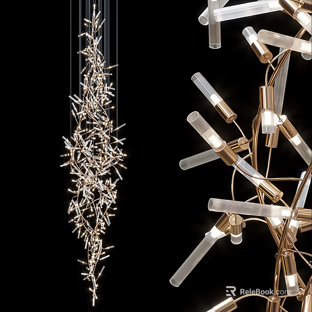 Modern Contemporary Chandelier With Spiky Brass Branches And Glass Tube Design Elements 3d model 