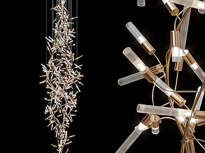 Modern Contemporary Chandelier With Spiky Brass Branches And Glass Tube Design Elements 3d model