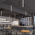 Modern Industrial Café Interior With Open Layout Wooden Tables Green Plants And Large Windows