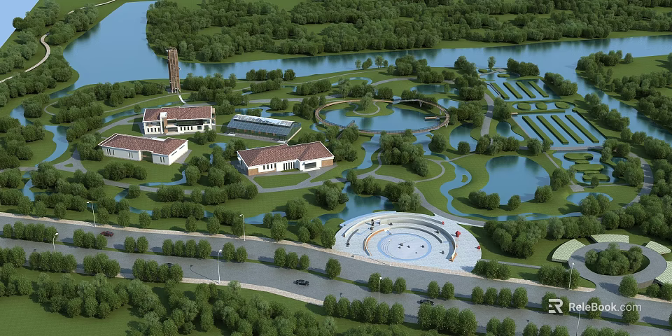 Scenic Ecological Park Area With Lakes Trees Buildings And Circular Plaza 3d model 