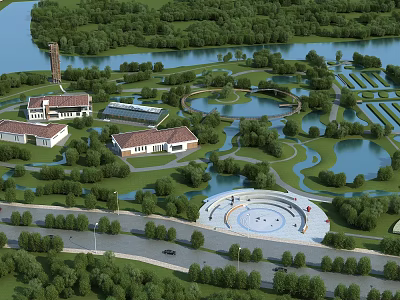 Scenic Ecological Park Area With Lakes Trees Buildings And Circular Plaza 3d model