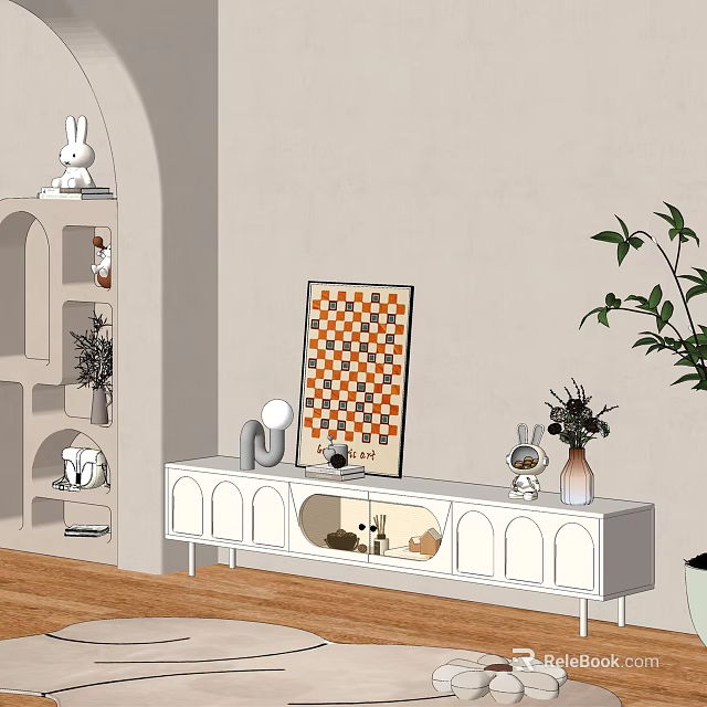 Modern White TV Stand With Arched Doors Checkerboard Art Rabbit Figurine And Green Plant 3d model 