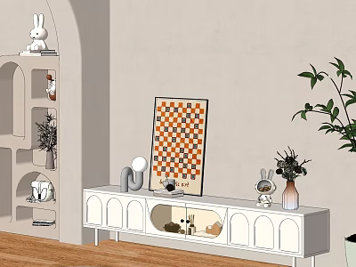 Modern White TV Stand With Arched Doors Checkerboard Art Rabbit Figurine And Green Plant 3d model