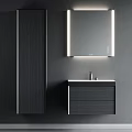 Modern Wall Mounted Washbasin Vanity With Black Cabinet And LED Mirror