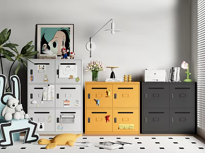 Grey Yellow Black Storage Cabinets In Room Interior With Green Plants Table Lamp And Magazines 3d model
