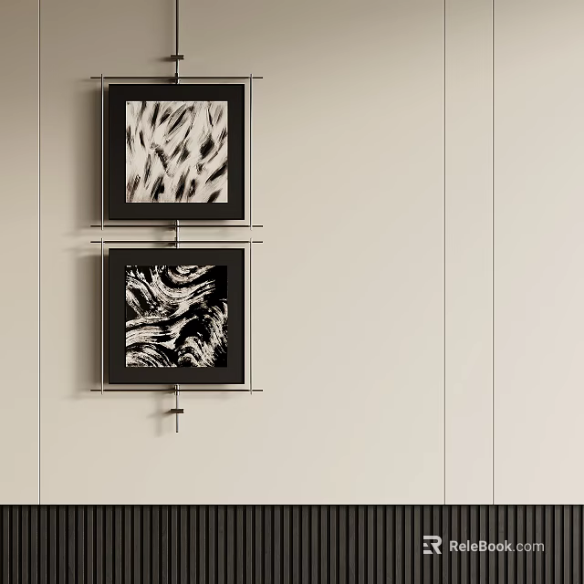 Two Abstract Paintings with Black Frames Hanging on Modern White Wall Decor 3d model