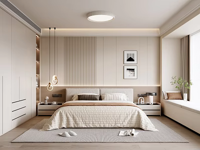 Modern Minimalist Bedroom Interior With Light Colored Walls Vertical Stripes Pendant Lights And Bay Window 3d model