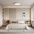 Modern Minimalist Bedroom Interior With Light Colored Walls Vertical Stripes Pendant Lights And Bay Window
