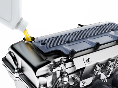 Industrial Equipment Engine Component With White Bottle Pouring Yellow Fluid On Silver Surface 3d model