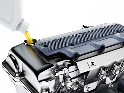 Industrial Equipment Engine Component With White Bottle Pouring Yellow Fluid On Silver Surface 3d model