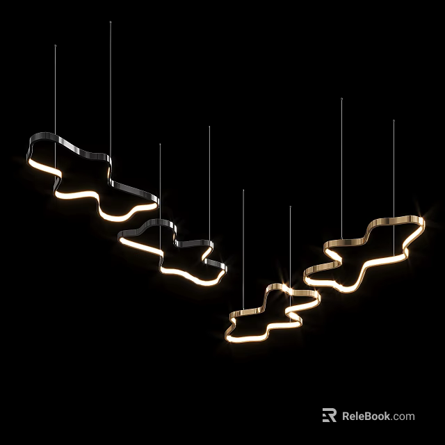Modern Chandeliers With Unique Curved Shape And Warm Glowing Light Hanging In Dark 3d model 