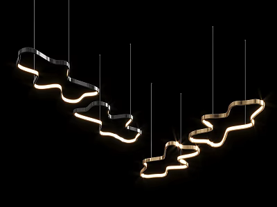Modern Chandeliers With Unique Curved Shape And Warm Glowing Light Hanging In Dark 3d model