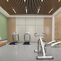 Modern Fitness Gym Interior With Treadmills Exercise Bikes Wooden Ceiling Lockers And Wall Decor