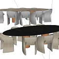 Round and Oval Dining Table Set with Light and Dark Tabletops and Gray Chairs