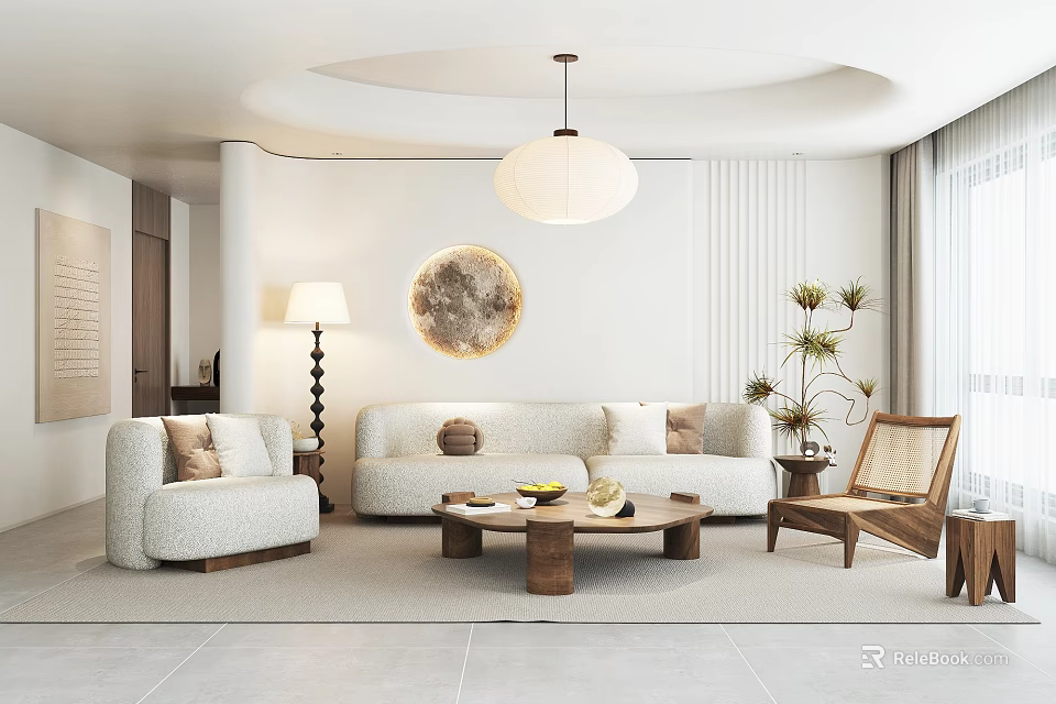 Modern Living Room Interior Design With White Sofa Round Pendant Light And Green Plants 3d model 