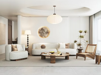 Modern Living Room Interior Design With White Sofa Round Pendant Light And Green Plants 3d model
