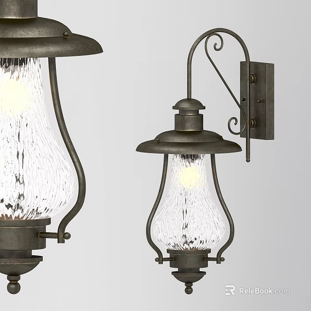 Vintage Wrought Iron Wall Sconce With Textured Glass Shade And Curved Arm Design 3d model 