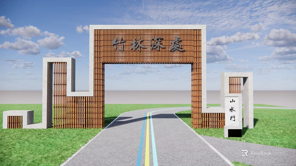 Traditional Chinese Entrance Gate with Bamboo Structure and Scenic Grassland Path 3d model 