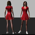 Woman Wearing Red Polka Dot Short Sleeve Dress with White Shoes Front Back View