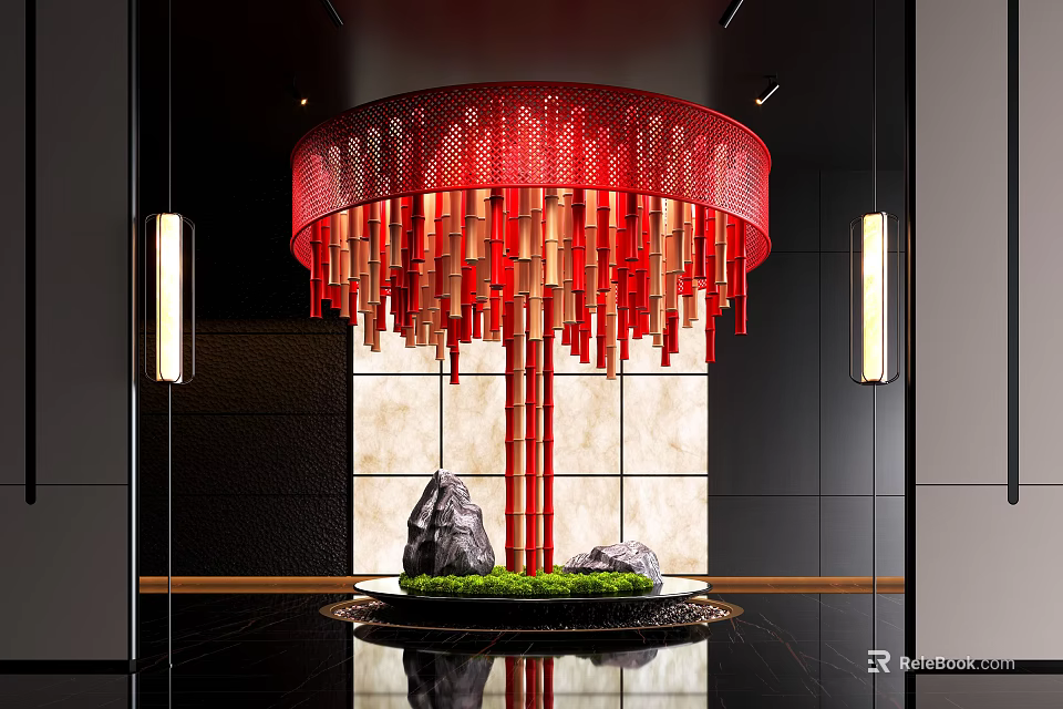 Red Chandelier Interior Landscape With Circular Block Design Black Tray Green Grass And Stones 3d model 