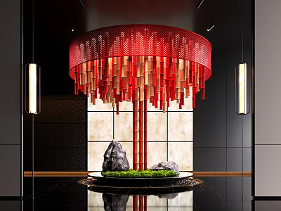 Red Chandelier Interior Landscape With Circular Block Design Black Tray Green Grass And Stones 3d model