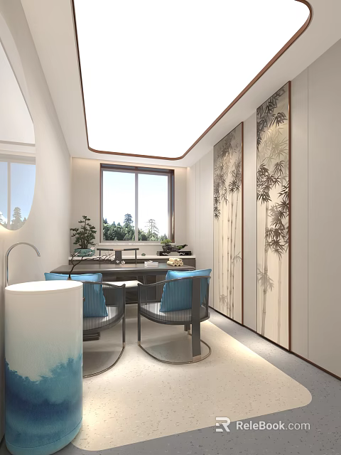 Modern Interior With Bamboo Pattern Screen Blue Chairs White Table Large Window And Outdoor Trees 3d model 