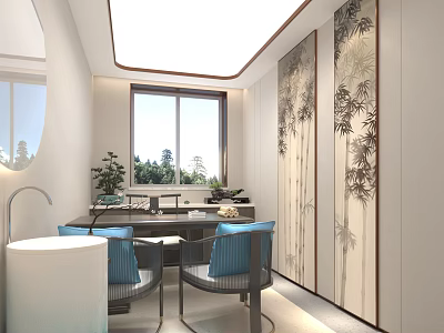 Modern Interior With Bamboo Pattern Screen Blue Chairs White Table Large Window And Outdoor Trees 3d model