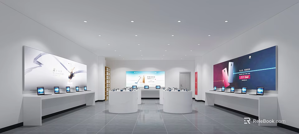 Modern Digital Store Interior With White Display Counters Large Screens And Electronics 3d model 