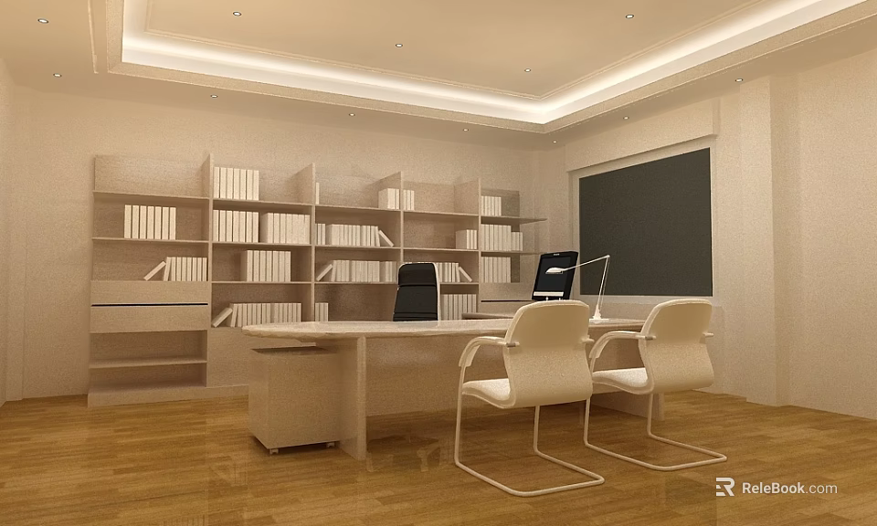 Modern Office Interior With Bookshelves Full Of Books Wooden Desk Computer And White Chairs 3d model 