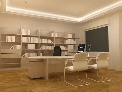 Modern Office Interior With Bookshelves Full Of Books Wooden Desk Computer And White Chairs 3d model
