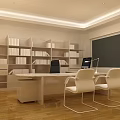 Modern Office Interior With Bookshelves Full Of Books Wooden Desk Computer And White Chairs