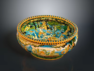 Ornate Decorative Ceramic Bowl With Colorful Scenic Patterns Gold Rim And Sturdy Base 3d model