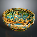 Ornate Decorative Ceramic Bowl With Colorful Scenic Patterns Gold Rim And Sturdy Base