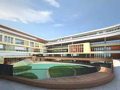 Modern School Building With Multi Level Structure Central Courtyard Green Lawn And Circular Design 3d model