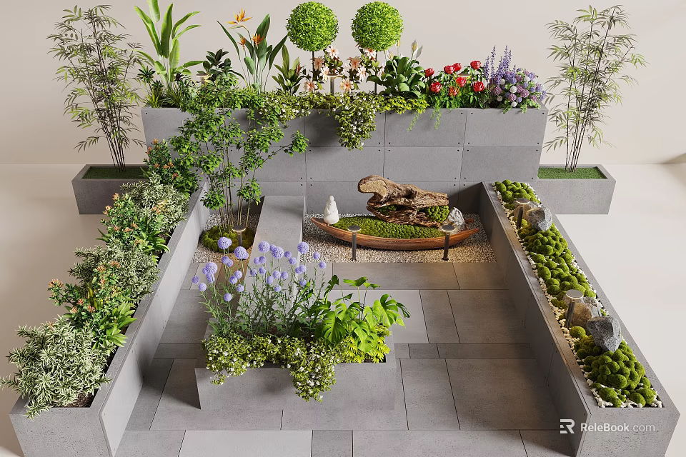 Creative Garden Decorative Design With Tiered Planter Boxes Diverse Plants Stone Path And Greenery 3d model 
