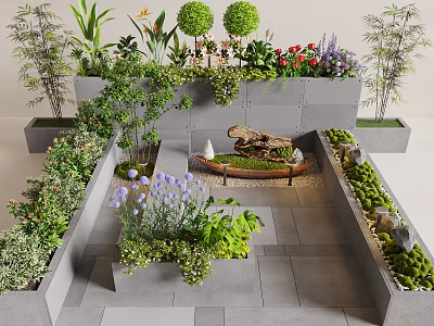 Creative Garden Decorative Design With Tiered Planter Boxes Diverse Plants Stone Path And Greenery 3d model